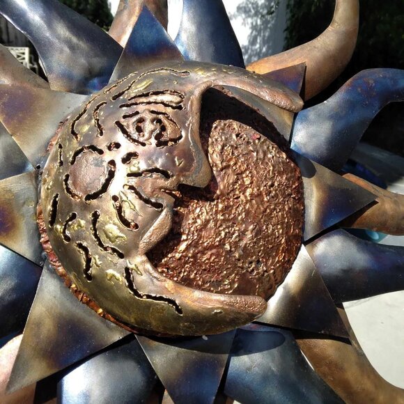 Gorgeous Mixed Metals Handmade Celestial Sunburst & Half Moon Face Sculpture - Picture 9 of 12